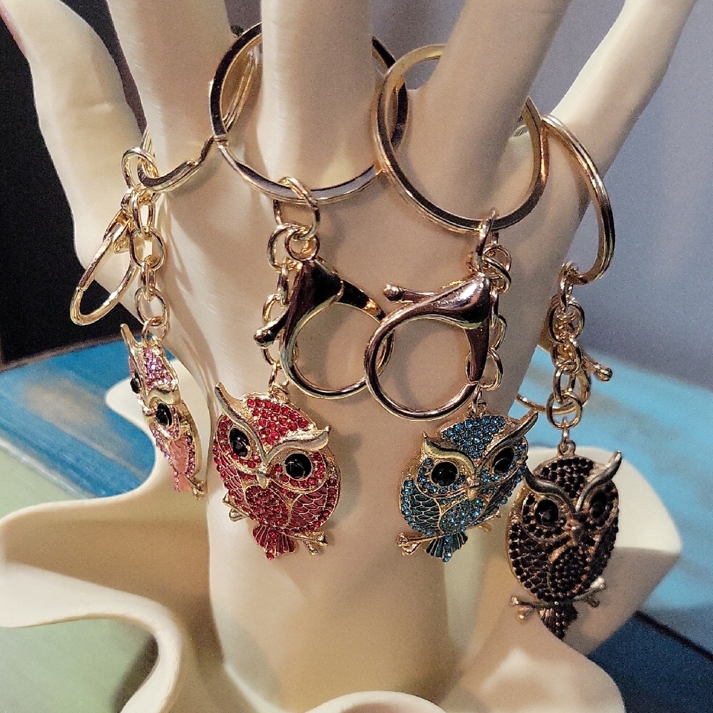 Elegant Owl Key Bag Charm Pink, Red, Blue, Or Black